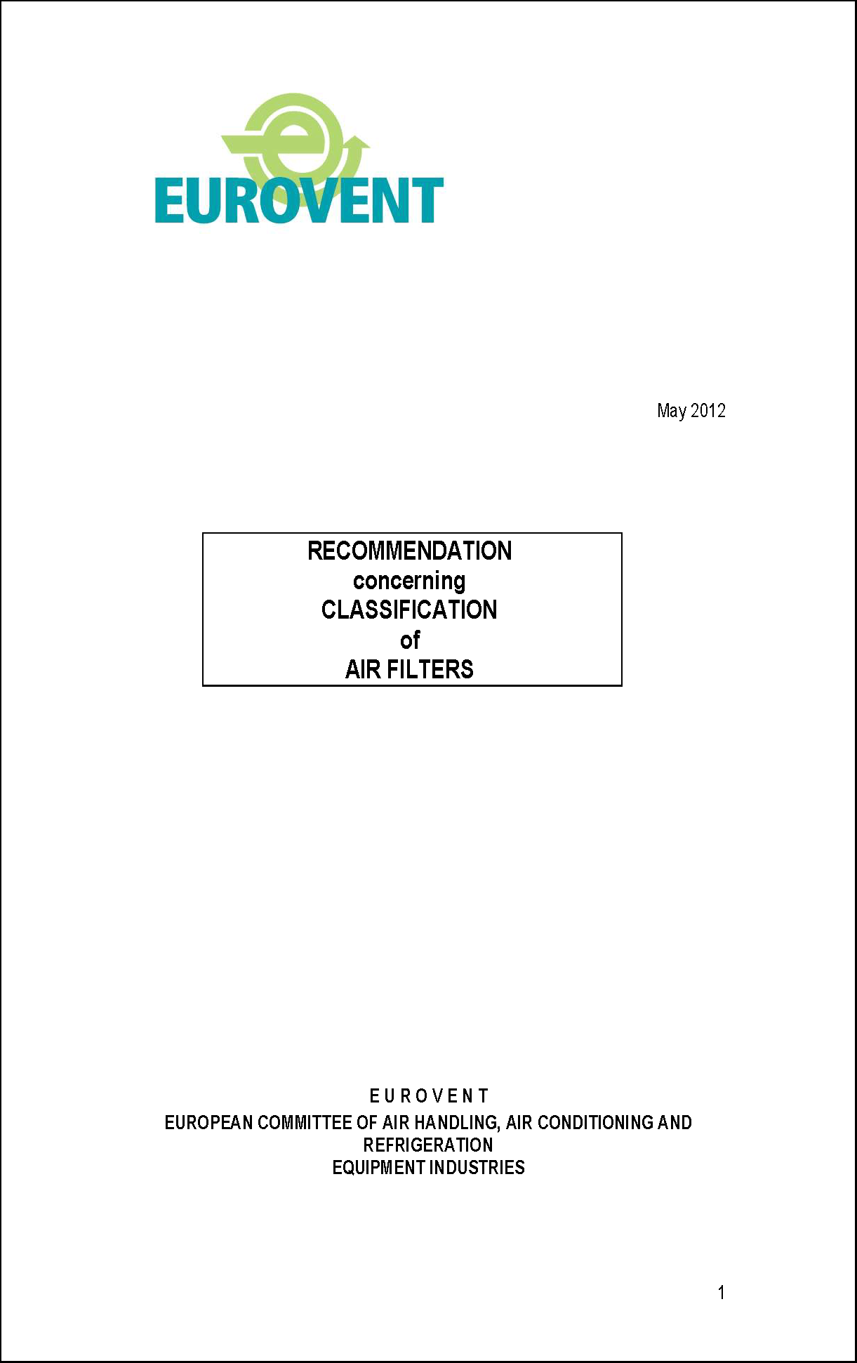 Eurovent 4/20: Recommendation concerning classification of air filters