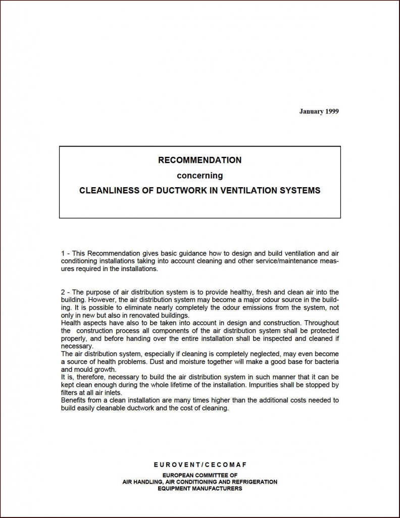 Eurovent 6/7: Recommendation concerning cleanliness of ductwork in ventilation systems