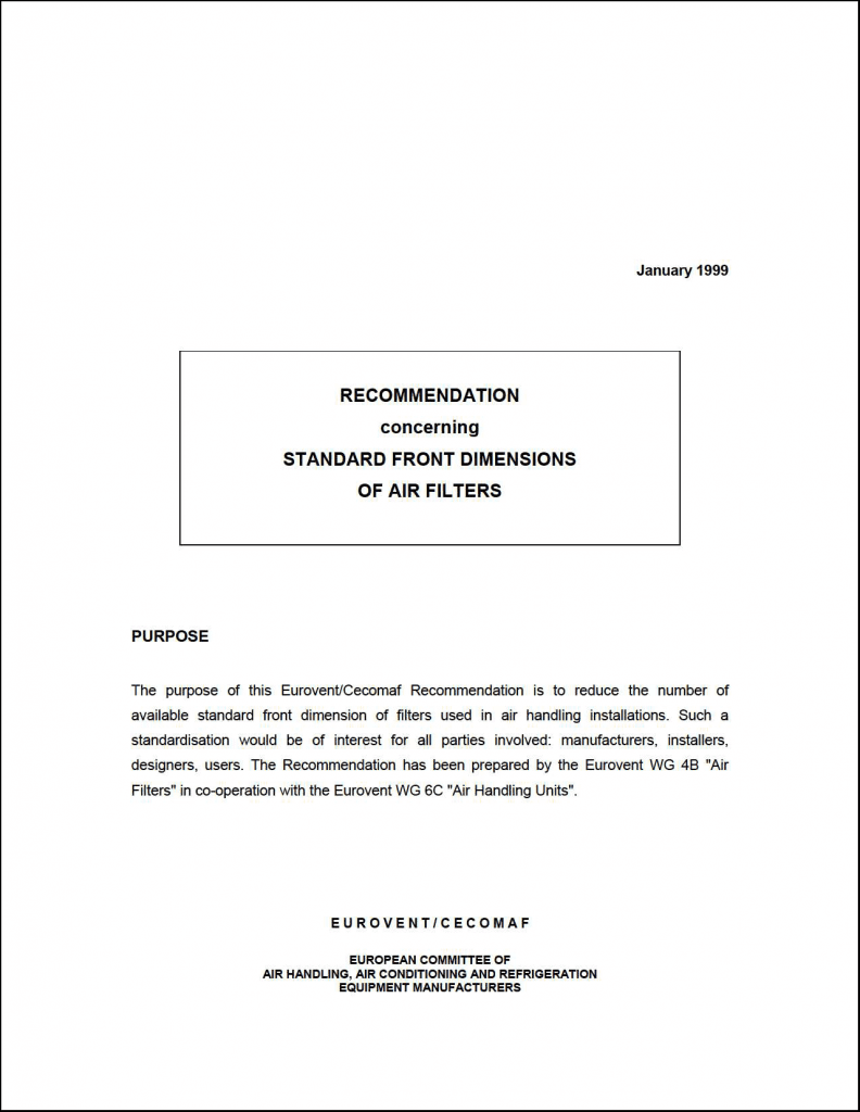 Eurovent 4/9: Standard front dimensions or air filters