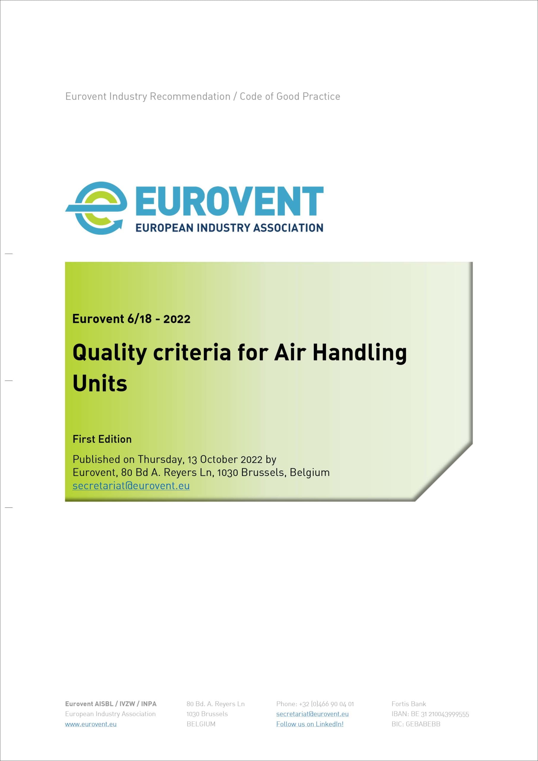 Eurovent 6/18: Quality criteria for Air Handling Units