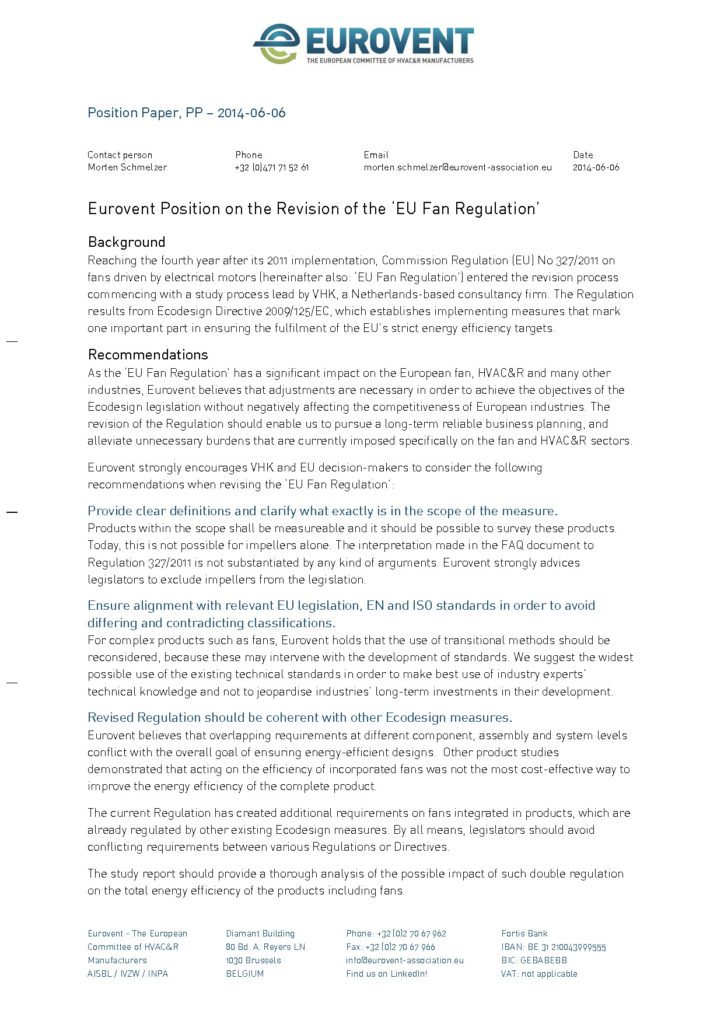 Eurovent Position on the EU Fan Regulation