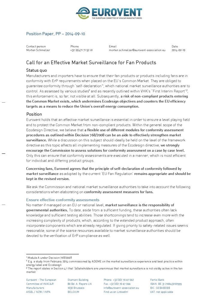 Eurovent Call for an Effective Market Surveillance for Fans