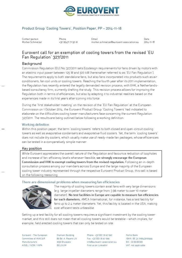 Eurovent call for an exemption of cooling towers from the revised EU Fan Regulation