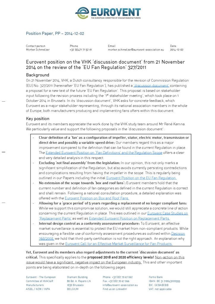 Eurovent Position on the VHK discussion document from 2014-11-21 on the fan review