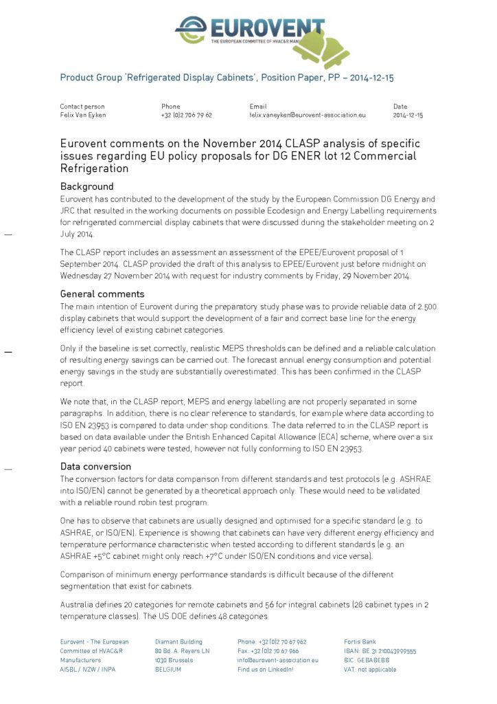 Eurovent comments on the November 2014 CLASP analysis
