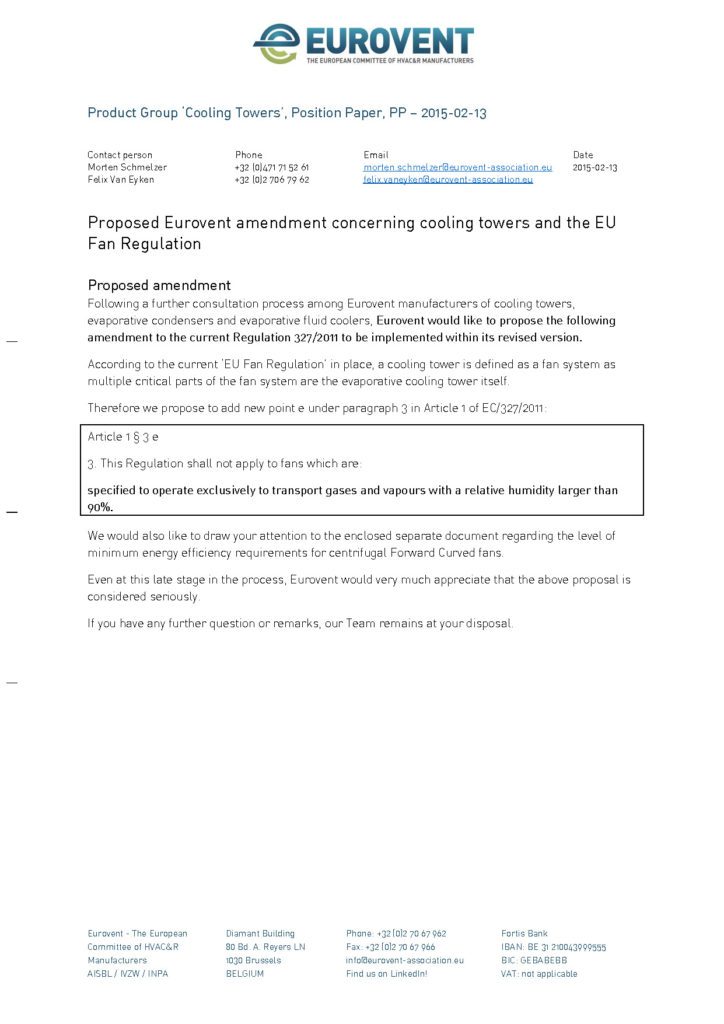 Proposed Eurovent amendment concerning cooling towers and the EU Fan Regulation