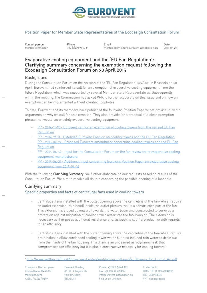 Eurovent clarifying summary concerning the exemption request for evaporative cooling equipment