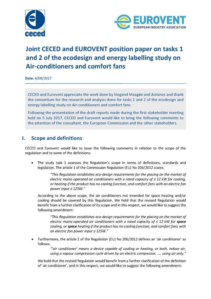 CECED & EUROVENT comments on tasks 1 and 2 of Airco and comfort fans study