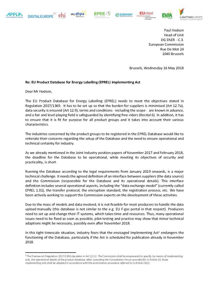 Joint Industry on EPREL – Letter to DG ENER on Implementing Act