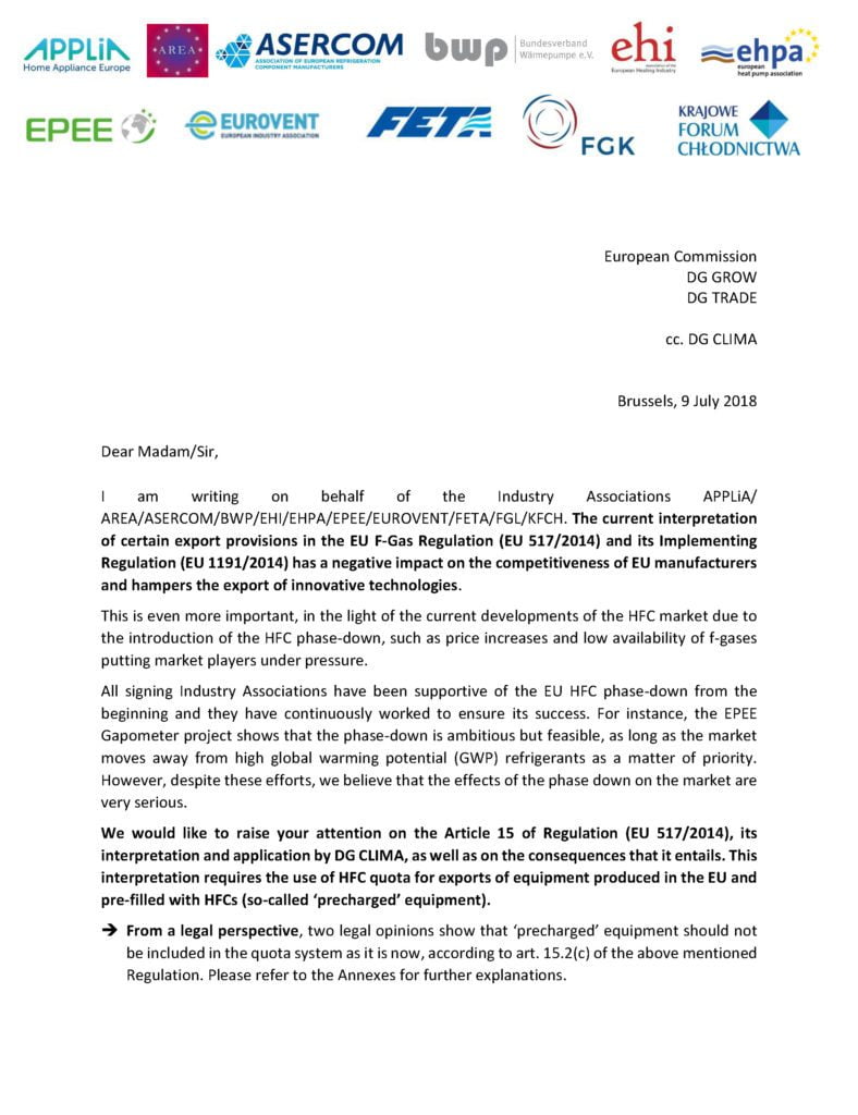 Joint industry letter on pre-charged equipment exports