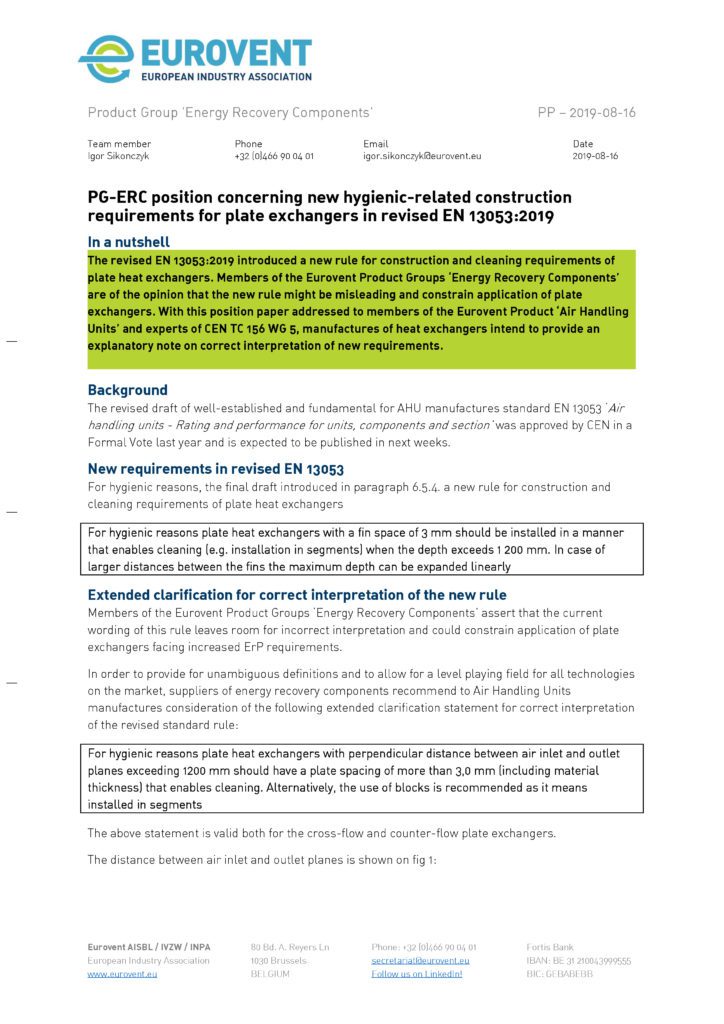 Eurovent Position Paper on new hygienic requirements for PHE in EN 13053