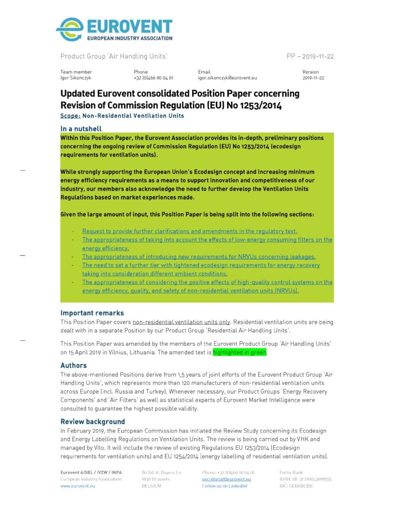 Eurovent Eurovent Position Paper NRVU – Revision of EU VU Regulation – V3