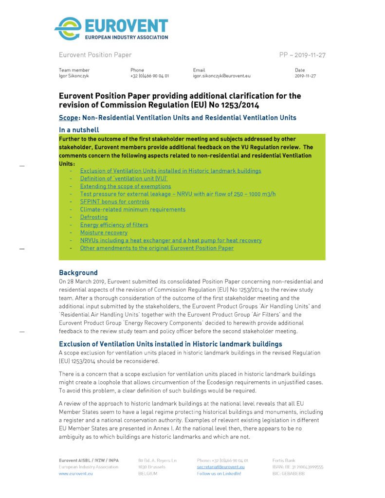 Eurovent Position Paper providing additional clarification for the revision of VU Regulation
