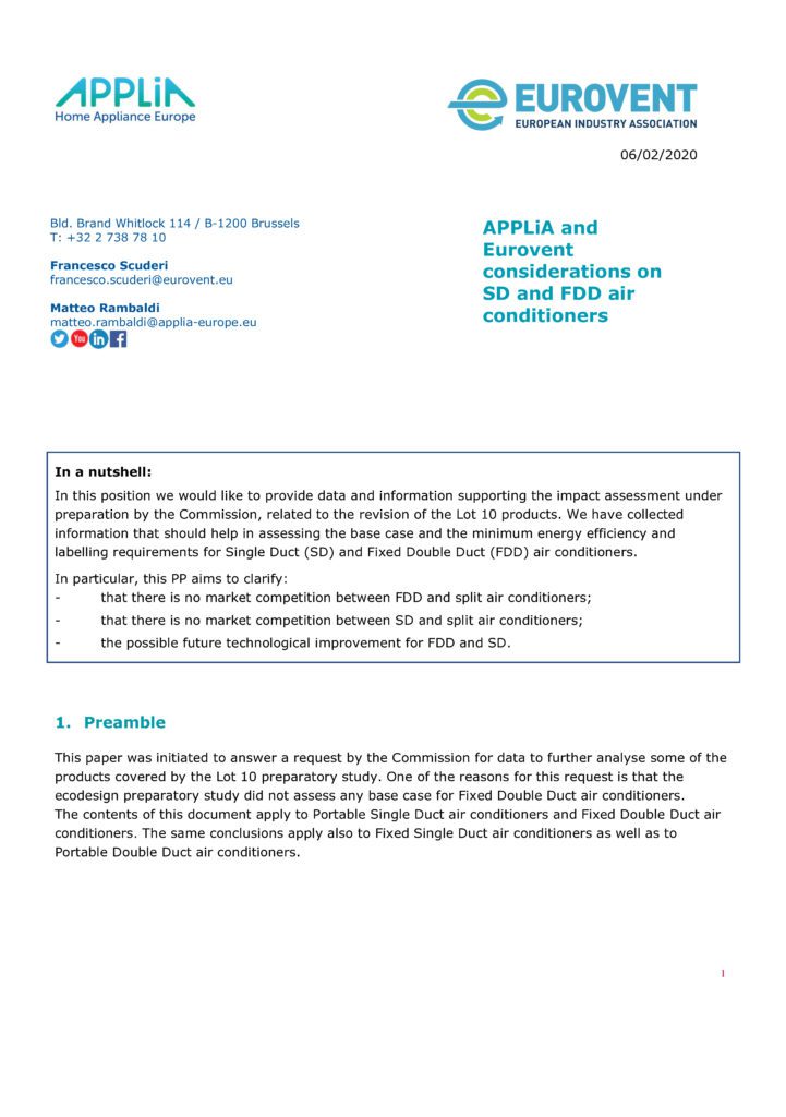 Joint Eurovent APPLiA input on FDD and SD air conditioners