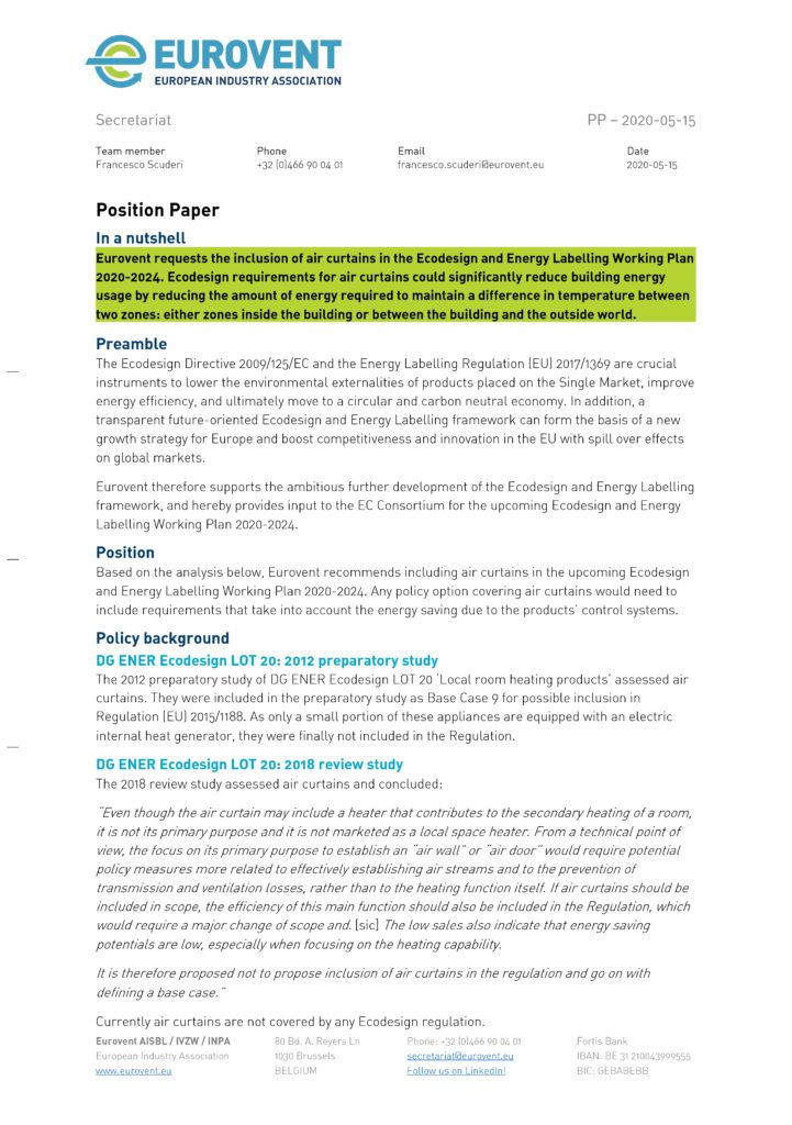 Eurovent Position Paper AC request for inclusion in Ecodesign WP 2020-2024