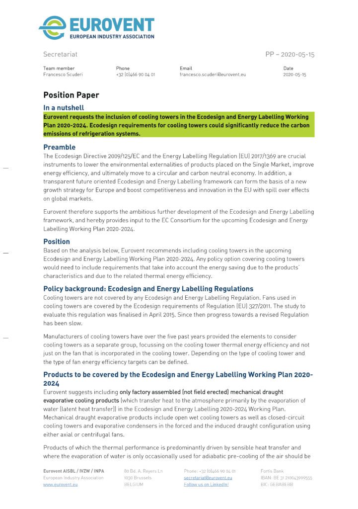 Eurovent Position Paper CT request for inclusion in Ecodesign WP 2020-2024