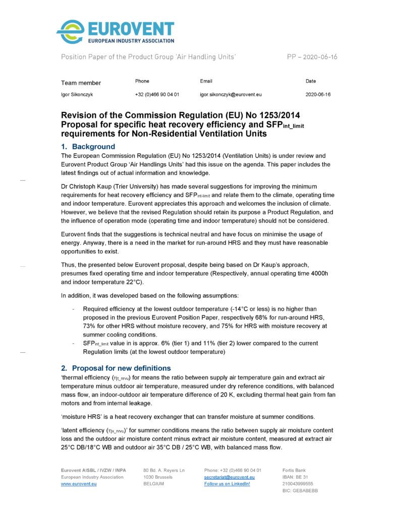 Eurovent proposal for specific HRS and SFP requirements