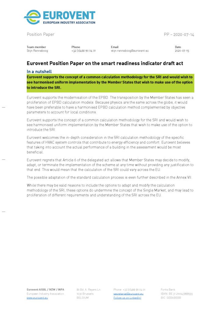 Eurovent Position Paper on the smart readiness indicator draft act