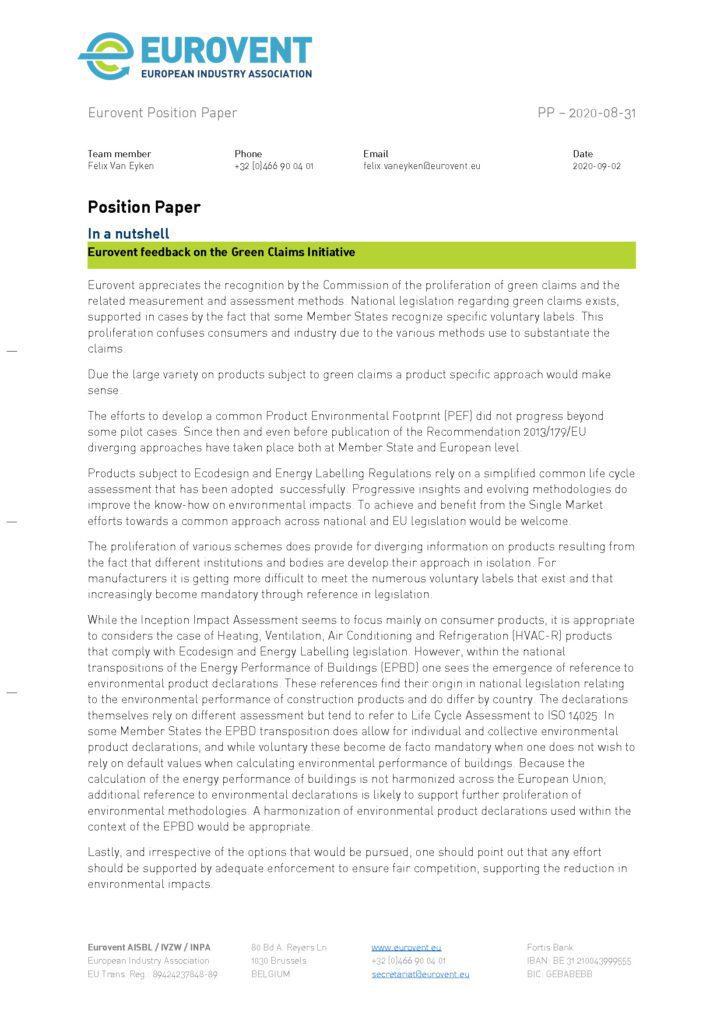 Eurovent feedback on the roadmap for the Green Claims initiative