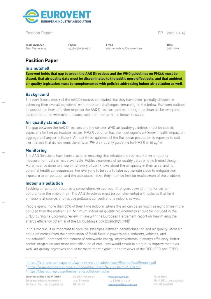 Eurovent Position Paper on the Review of the AAQ Directives