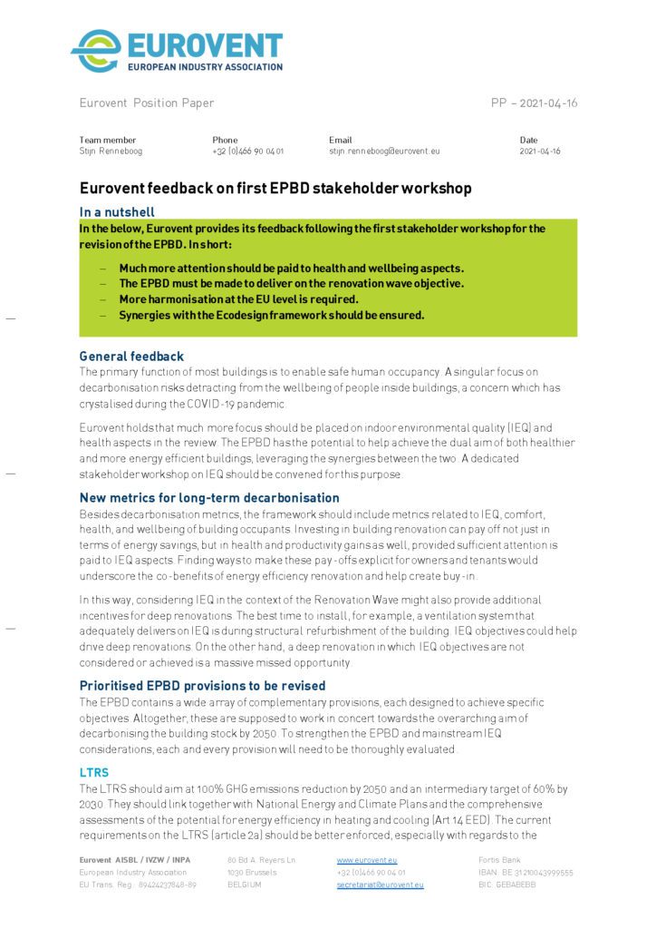 Eurovent feedback on first EPBD stakeholder workshop