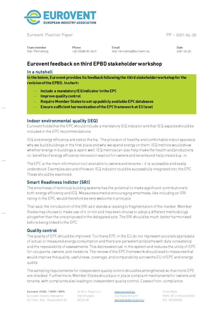 Eurovent feedback on third EPBD stakeholder workshop