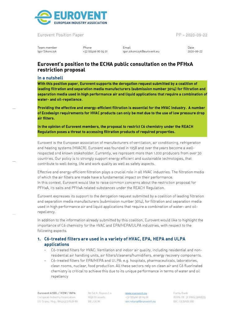 Eurovent Position on PFHxA restriction proposal
