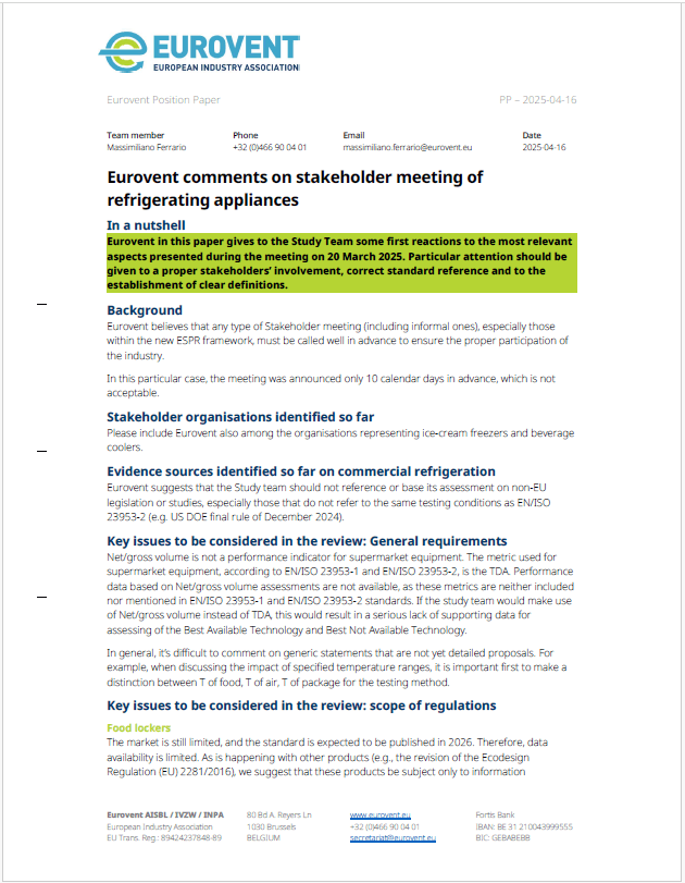 Eurovent comments on stakeholder meeting of refrigerating appliances