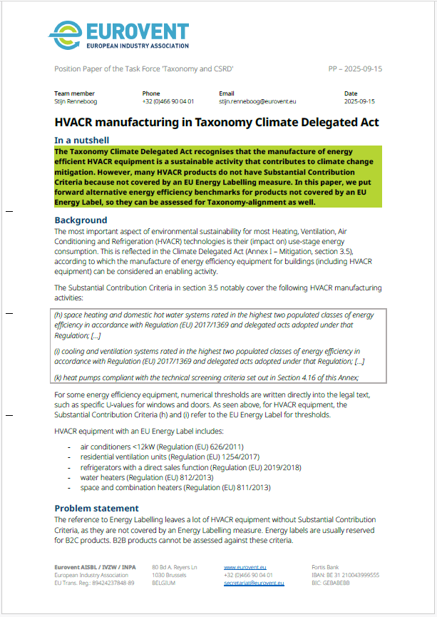 Eurovent position on the HVACR manufacturing in the Taxonomy Climate Delegated Act